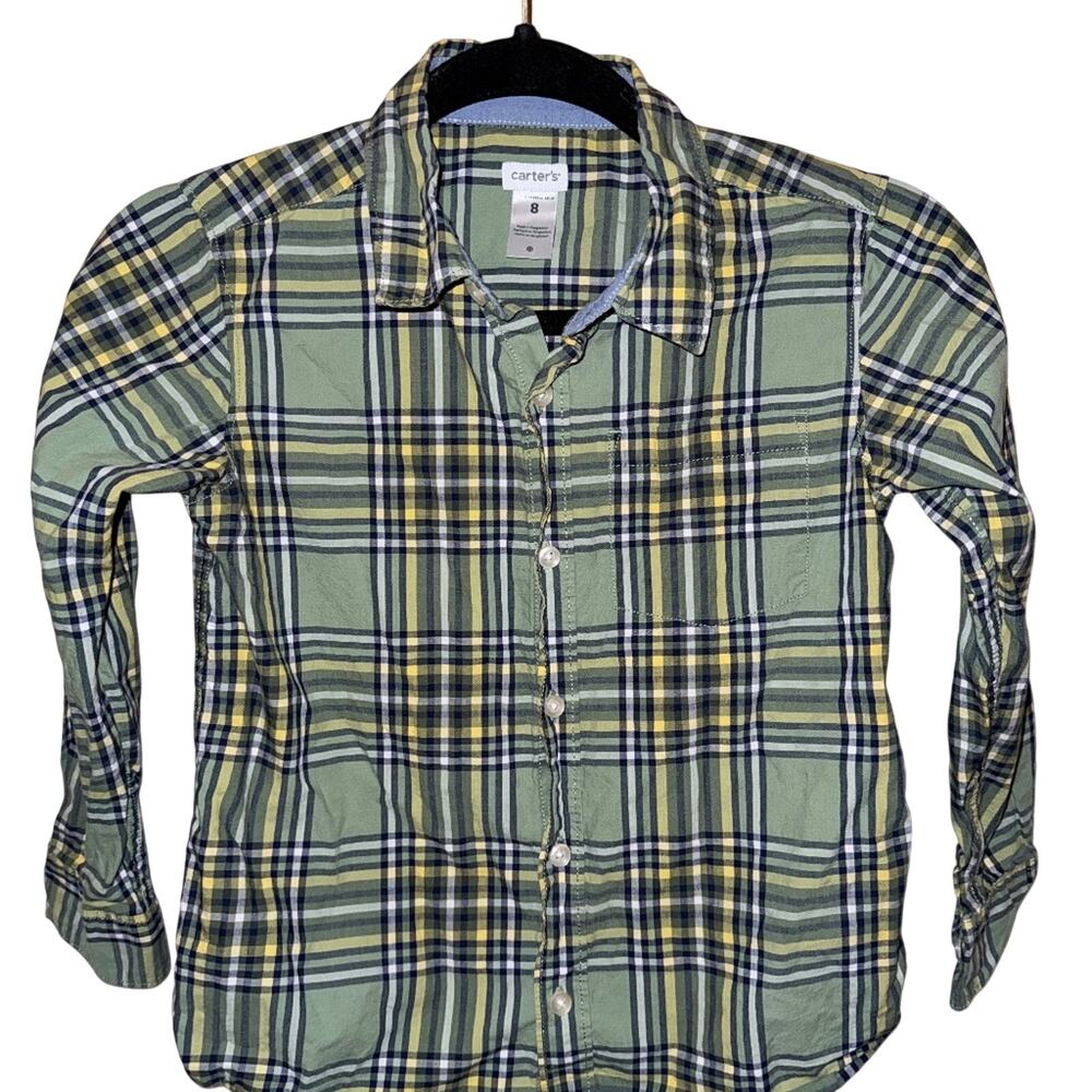 Carter's Boys Olive Green Plaid Button Down Shirt Long Sleeve Size 8 EUC